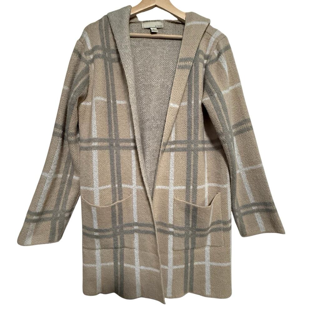 By Design Plaid Hooded Knit Cardigan Sweater Tan Neutral Open SIZE XL Longline